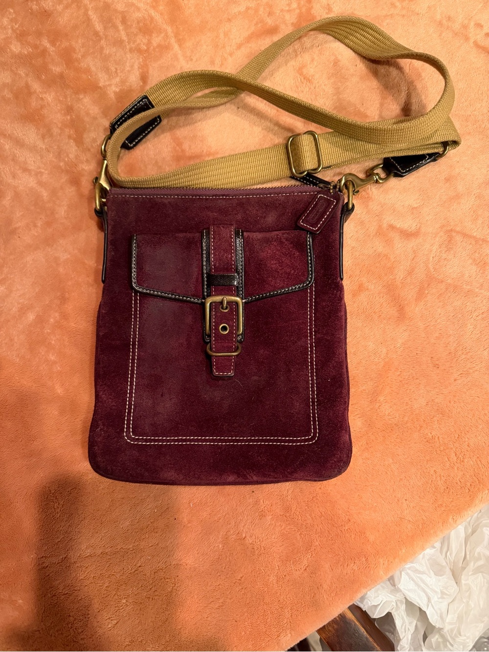 Coach Suede Crossbody Bag in Burgundy with Tan Strap